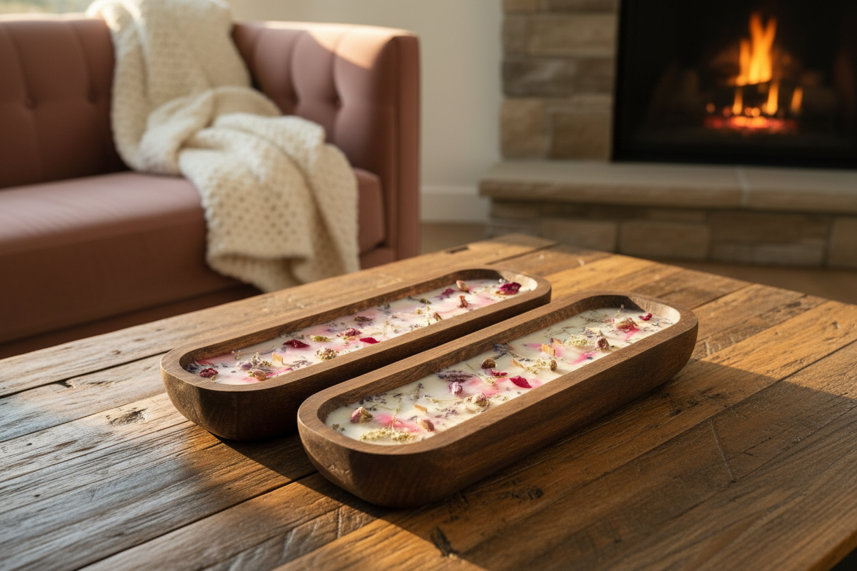 Two rectangular wooden trays containing white wax melts  with embedded pink dried flowers, shown on a light gray background.