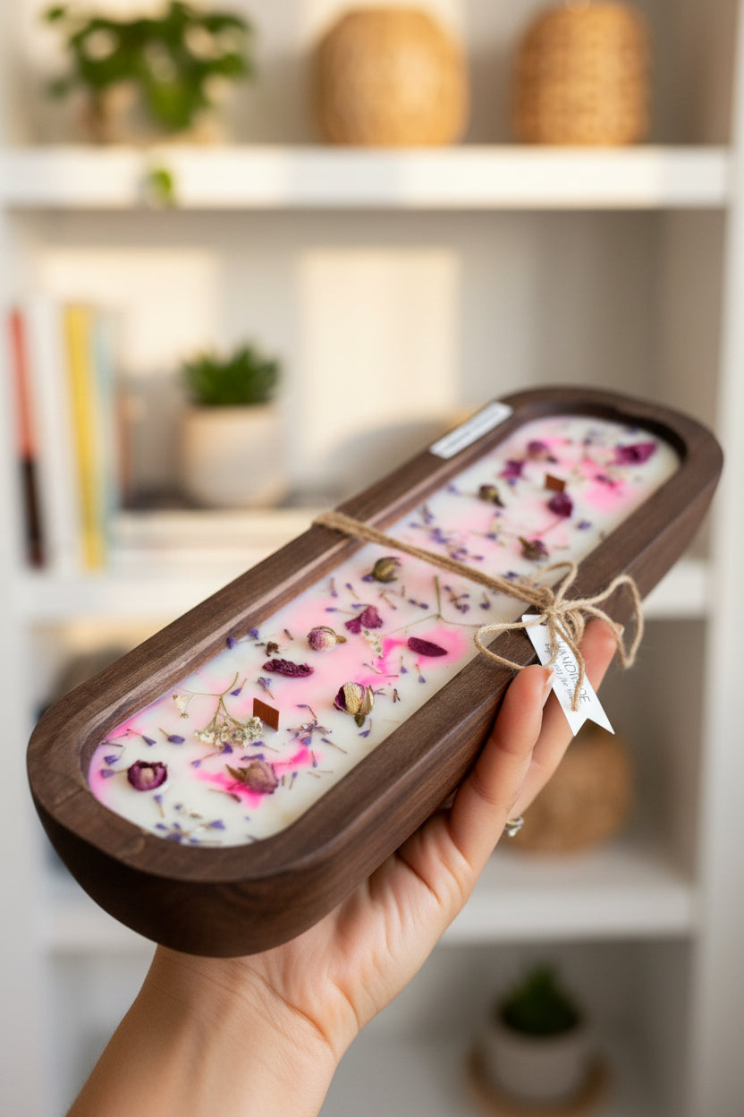 Two rectangular wooden trays containing white wax with embedded pink and purple dried flowers, tied with twine and labeled 'poisoning resistance' on a white background.