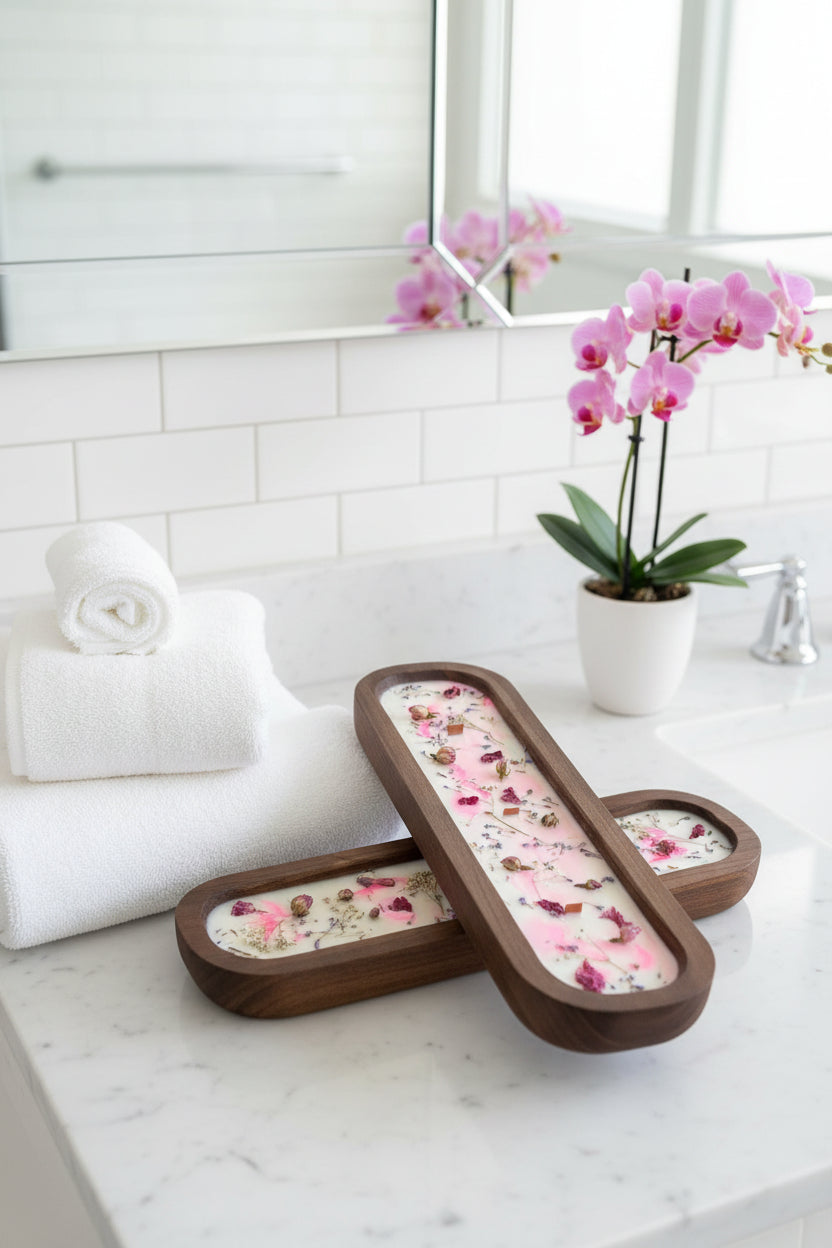 Two rectangular wooden CANDLES with rounded ends, filled with white wax and decorated with pink flower petals, dried botanicals, and purple lavender, shown on a light fabric background.