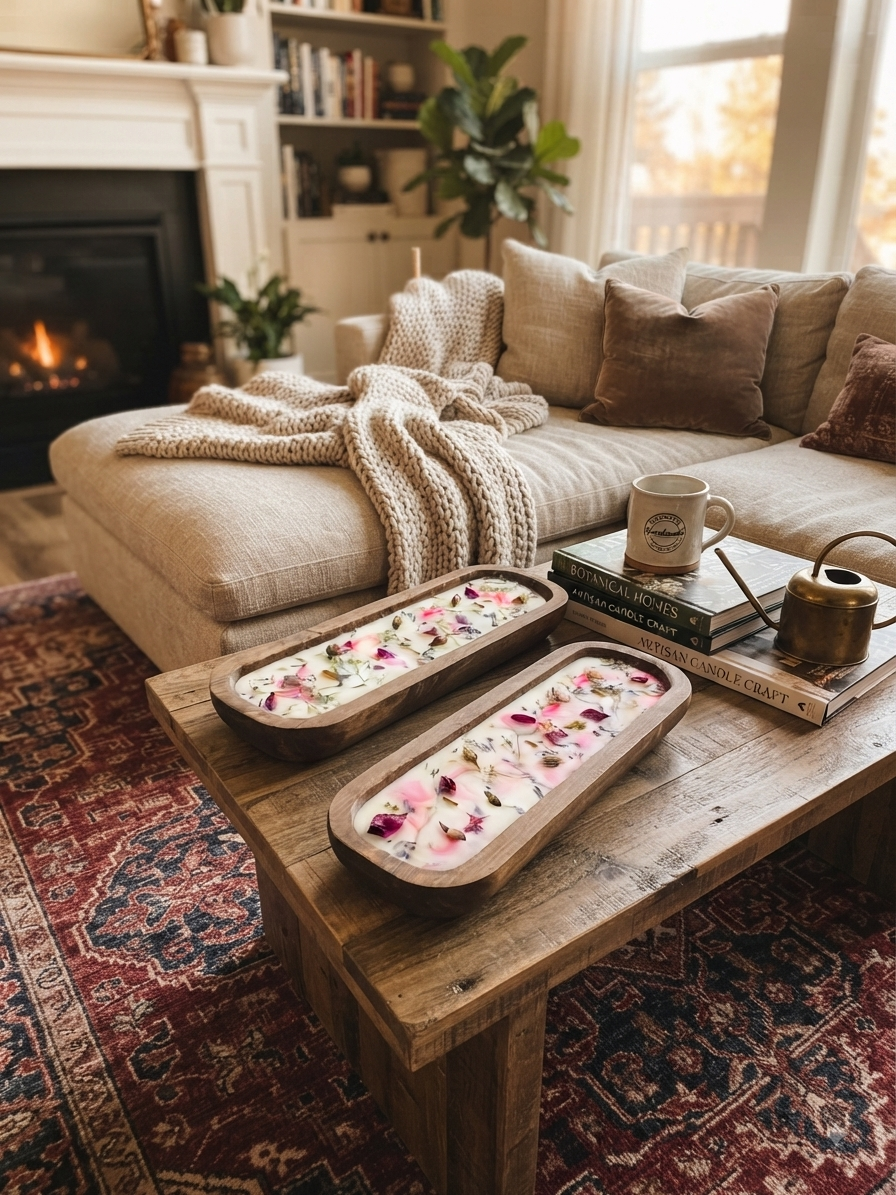 Two long oval wooden serving trays filled with pink flower petals and small green sprigs, styled on a rustic wooden coffee table in a cozy living room with a fireplace, sofa, and throw blanket.