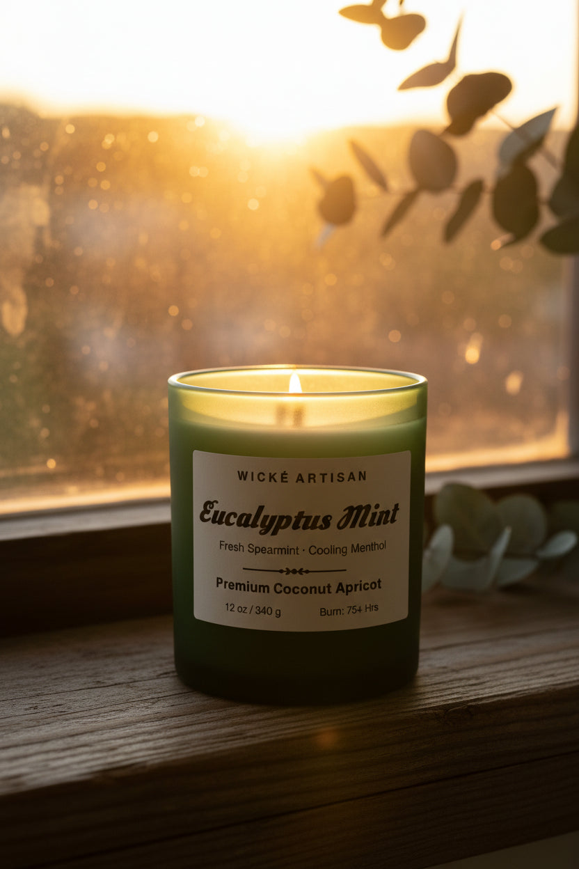 Eucalyptus Mint artisan candle by Wické, made with coconut apricot soy wax