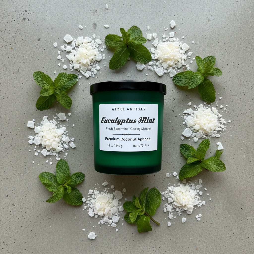 Eucalyptus Mint scented candle, hand-poured with coconut apricot soy wax