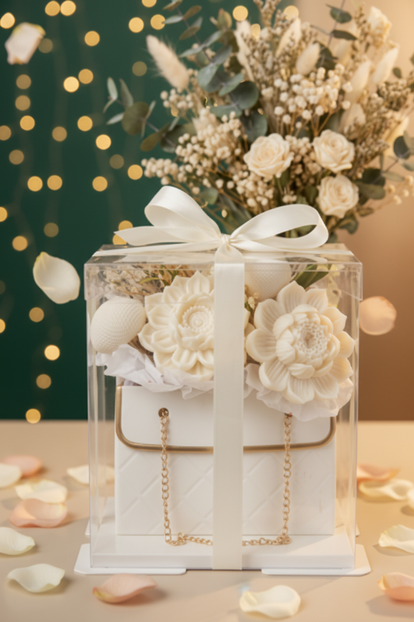 Decorative gift box with white flowers and a bow on a surface.