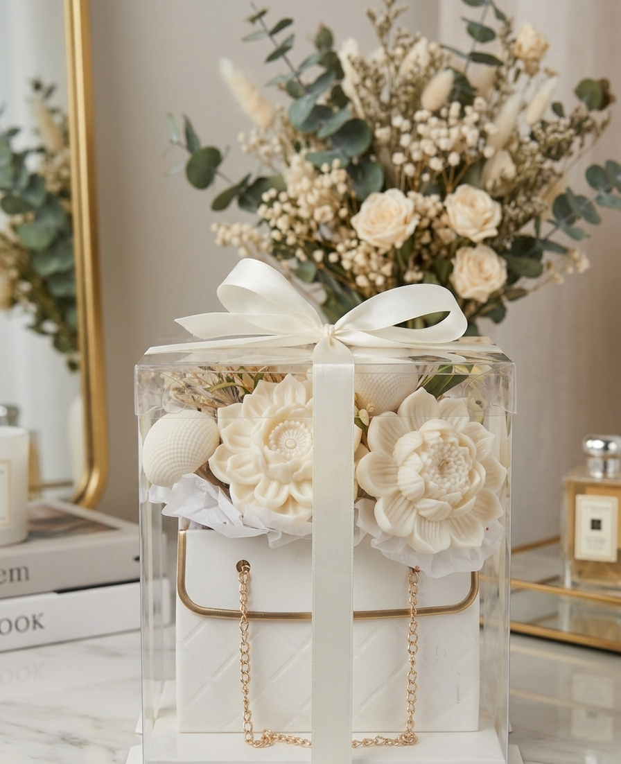 Gift box with white flowers and a gold chain in a clear box, decorative flowers in the background.