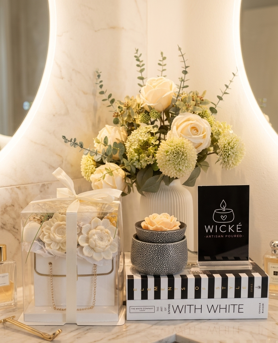 Decorative setup with flowers, books, and a lamp in a home interior setting.