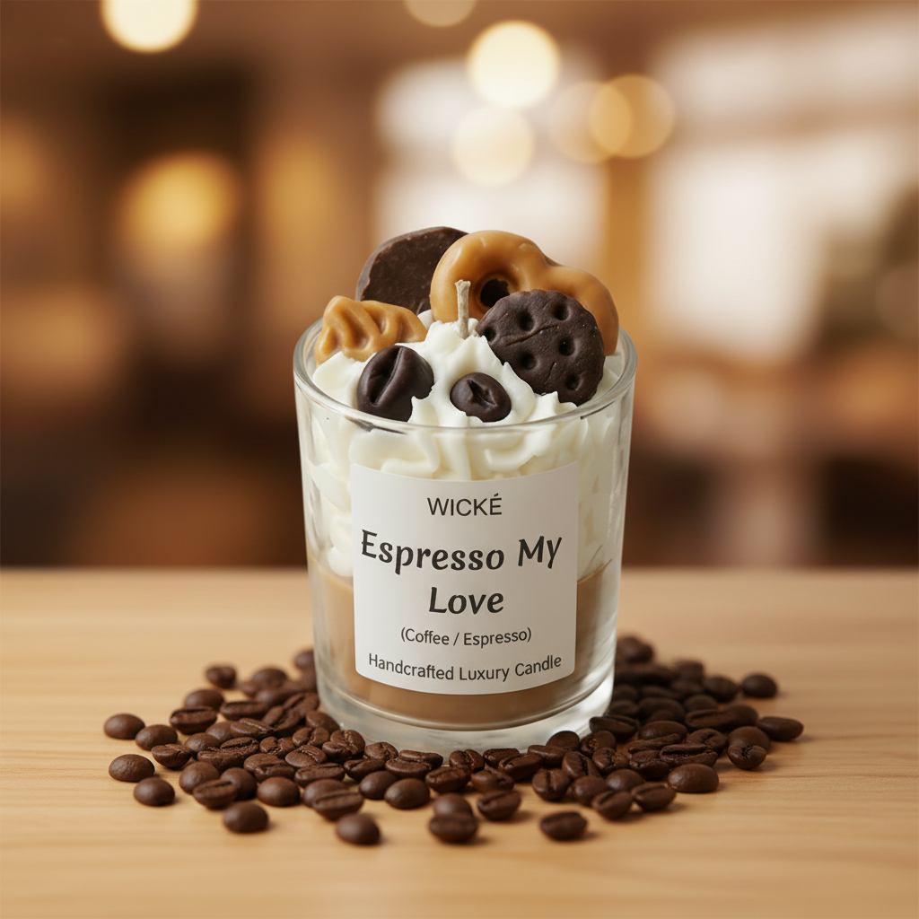 Wické Espresso My Love handcrafted coffee dessert candle with wax pretzel and coffee beans.