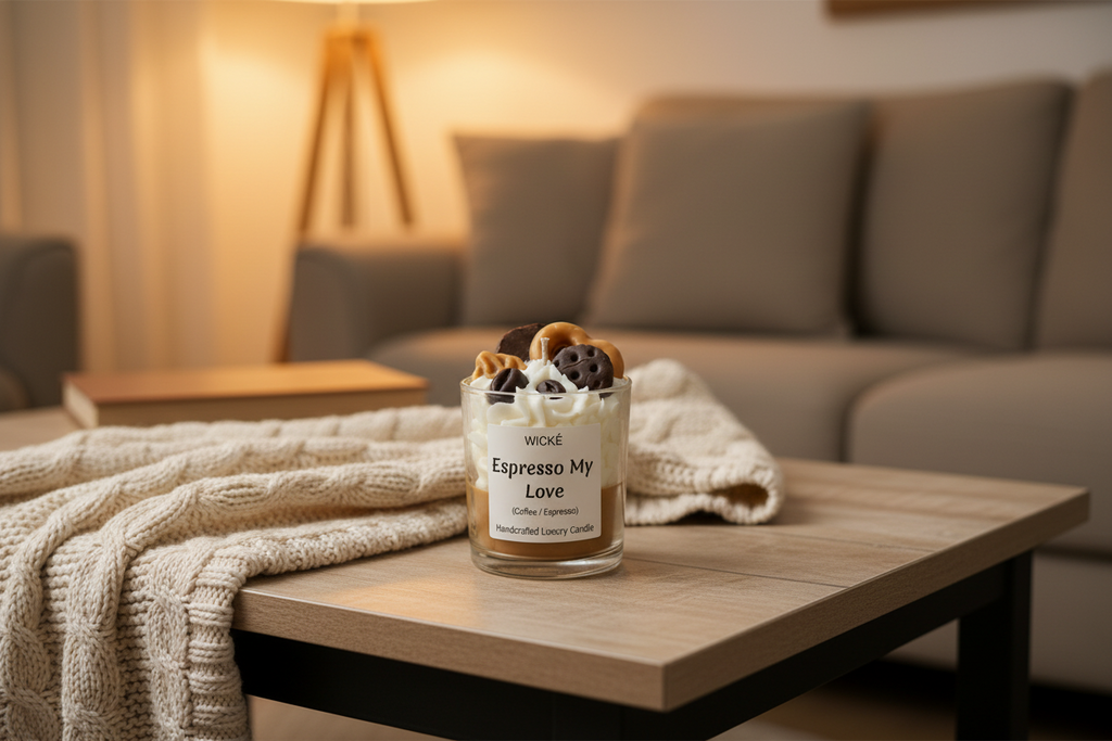 Wické Espresso My Love handcrafted coffee dessert candle with wax pretzel and coffee beans.