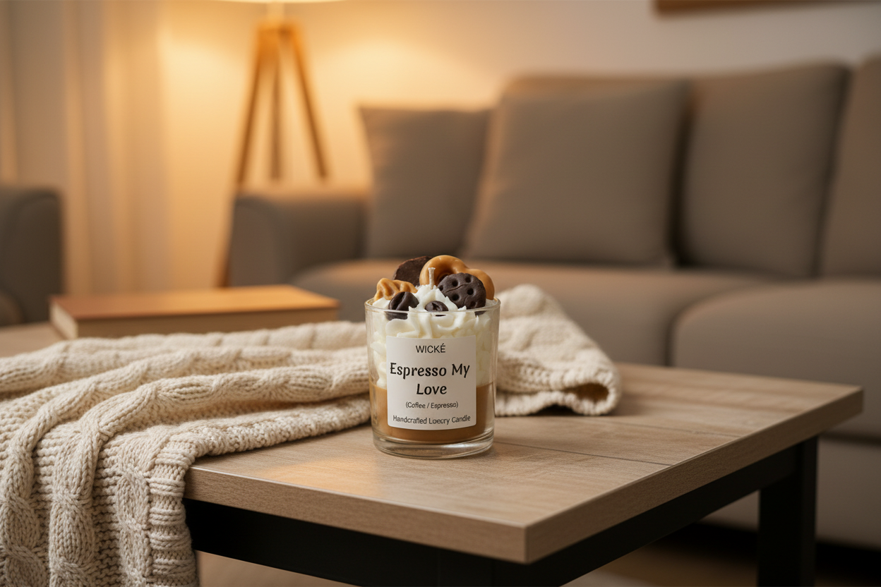 Wické Espresso My Love handcrafted coffee dessert candle with wax pretzel and coffee beans.