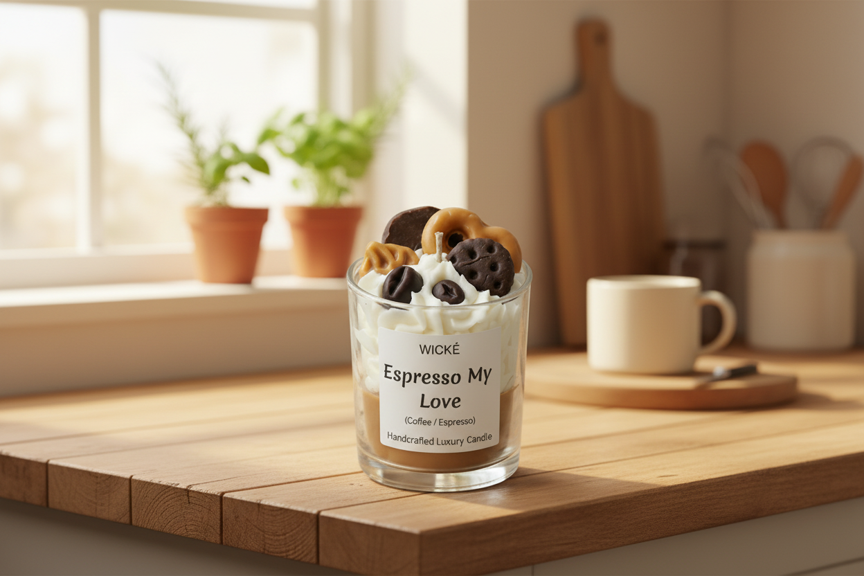 Wické Espresso My Love handcrafted coffee dessert candle with wax pretzel and coffee beans.