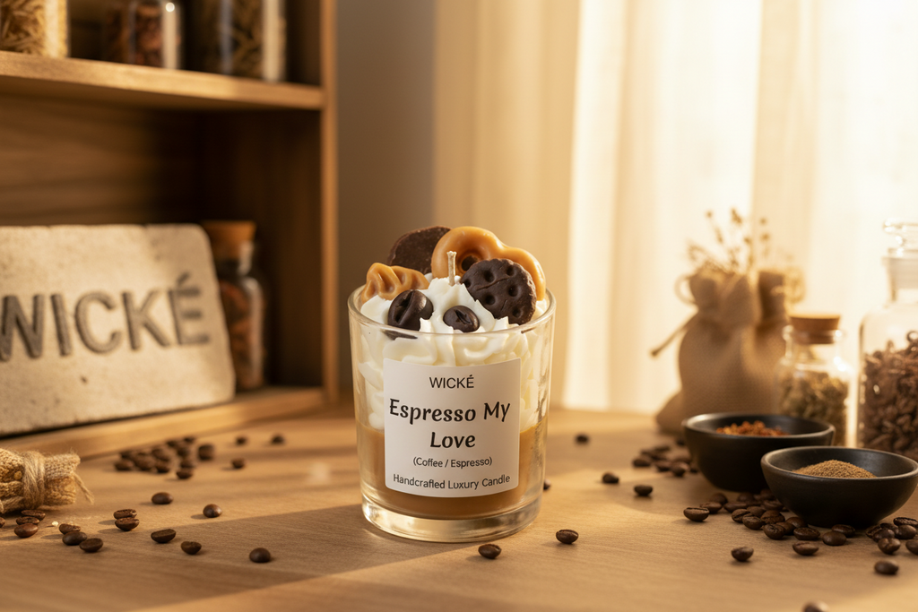 Wické Espresso My Love candle with chocolate cookies on top against a white background