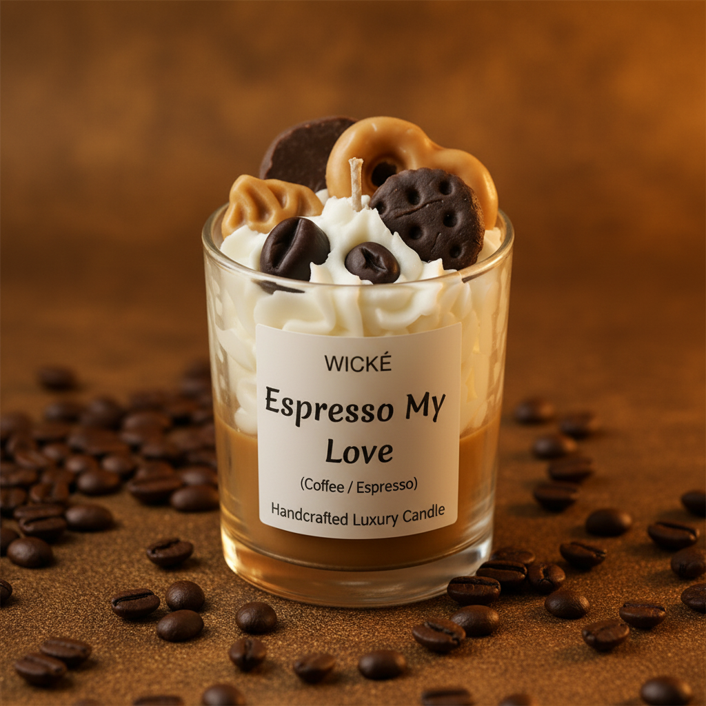 Wické Espresso My Love candle with chocolate cookies on top against a white background