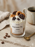 Wické Espresso My Love candle with coffee-themed decorations on a neutral background