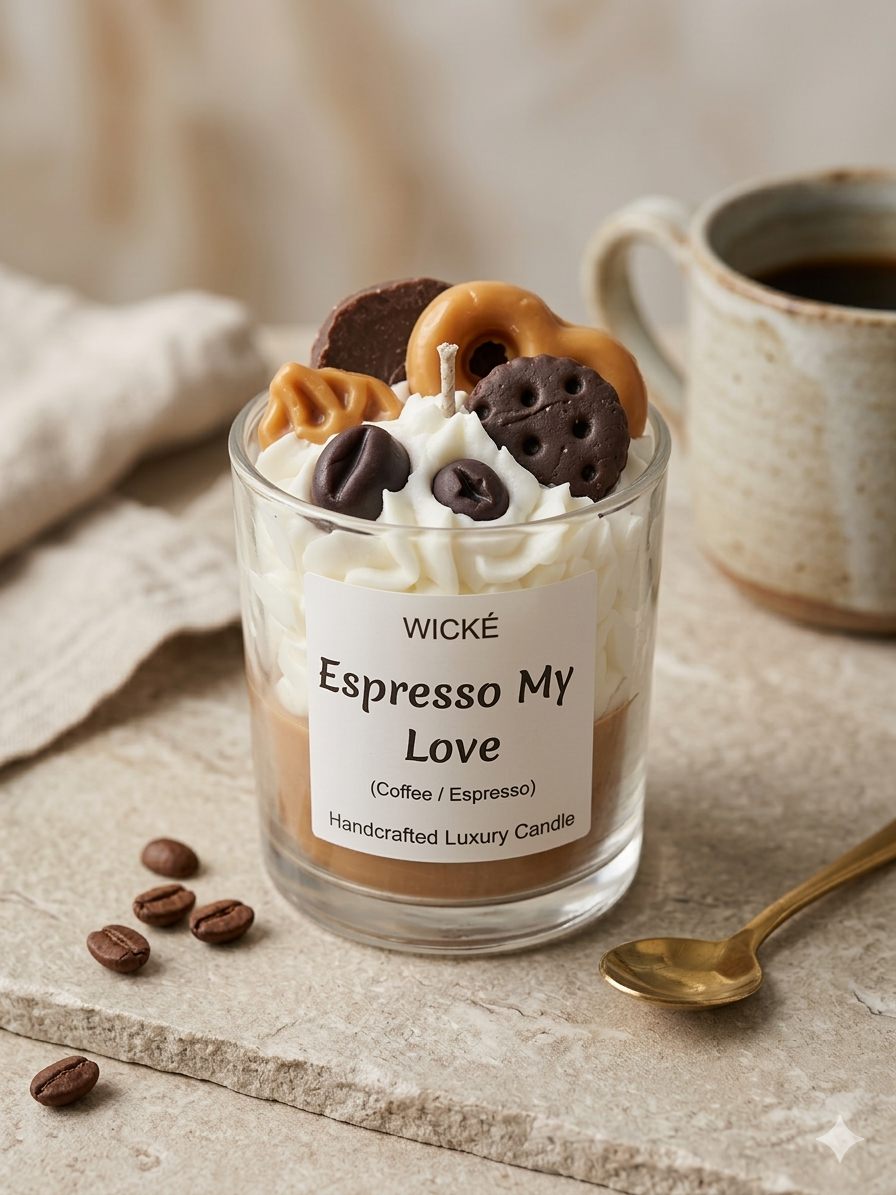 Wické Espresso My Love candle with coffee-themed decorations on a neutral background
