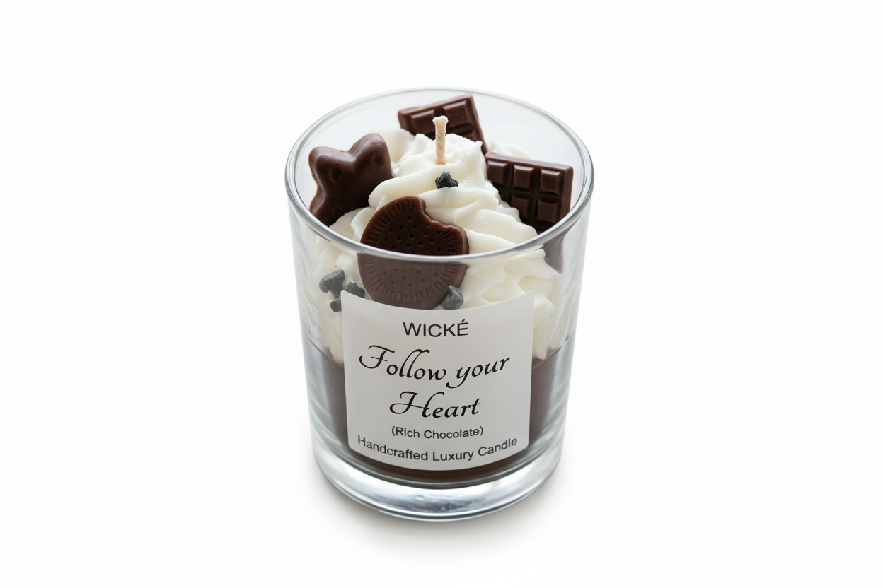 Wické candle with chocolate pieces and a label on a dark surface