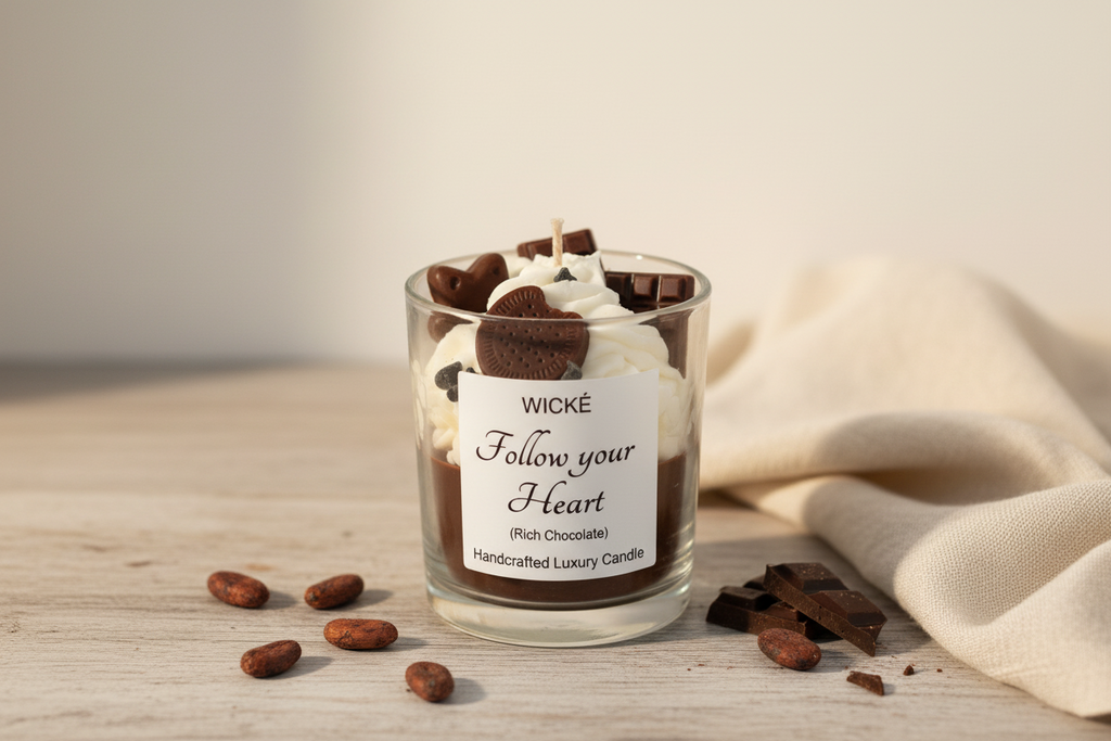 Wické Follow Your Heart handcrafted luxury candle with wax chocolate bar, stars, and chocolate cookie.