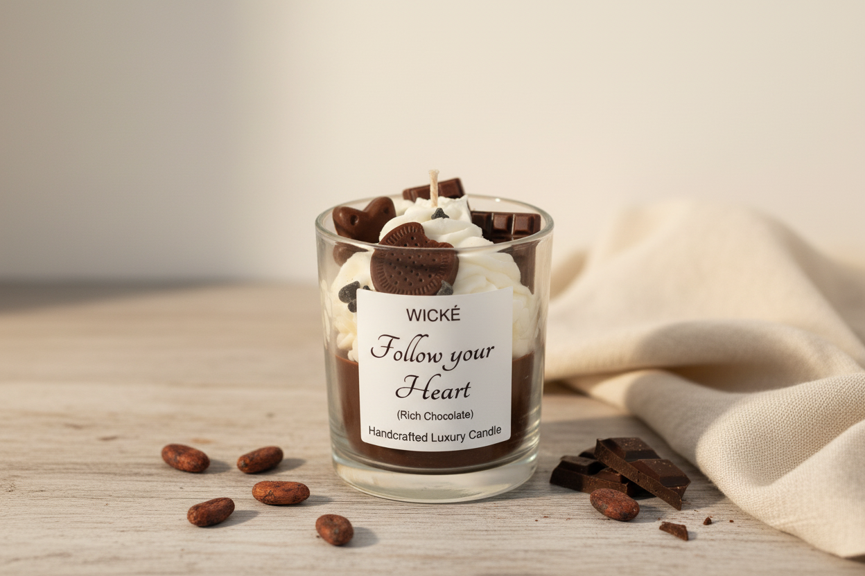 Wické Follow Your Heart handcrafted luxury candle with wax chocolate bar, stars, and chocolate cookie.