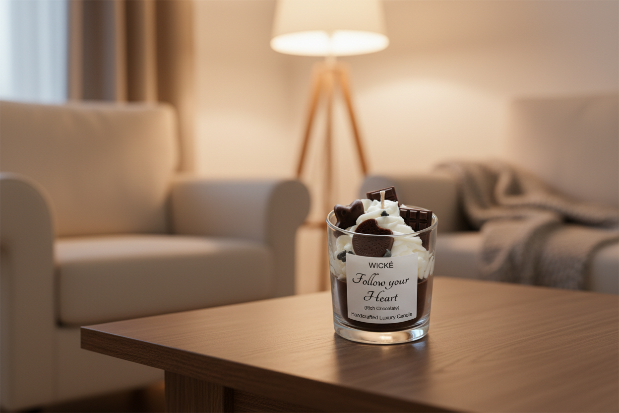 Wické Follow Your Heart handcrafted luxury candle with wax chocolate bar, stars, and chocolate cookie.