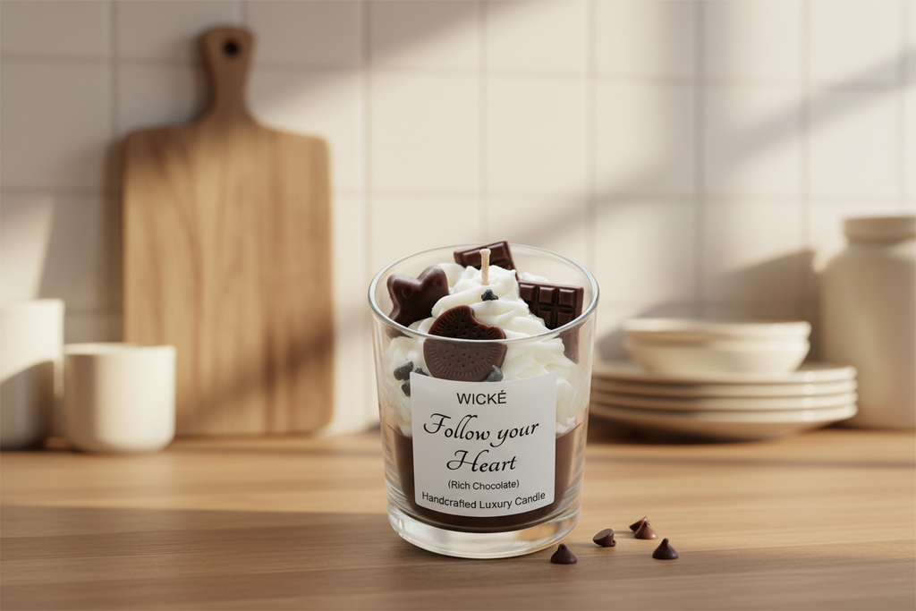 Wické 'Follow your Heart' candle with chocolate-themed design on a white background