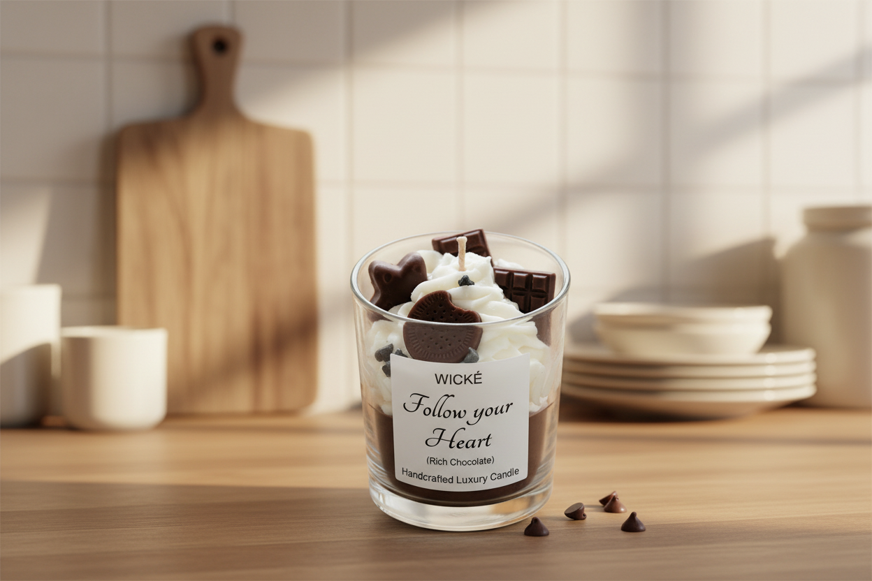 Wické 'Follow your Heart' candle with chocolate-themed design on a white background
