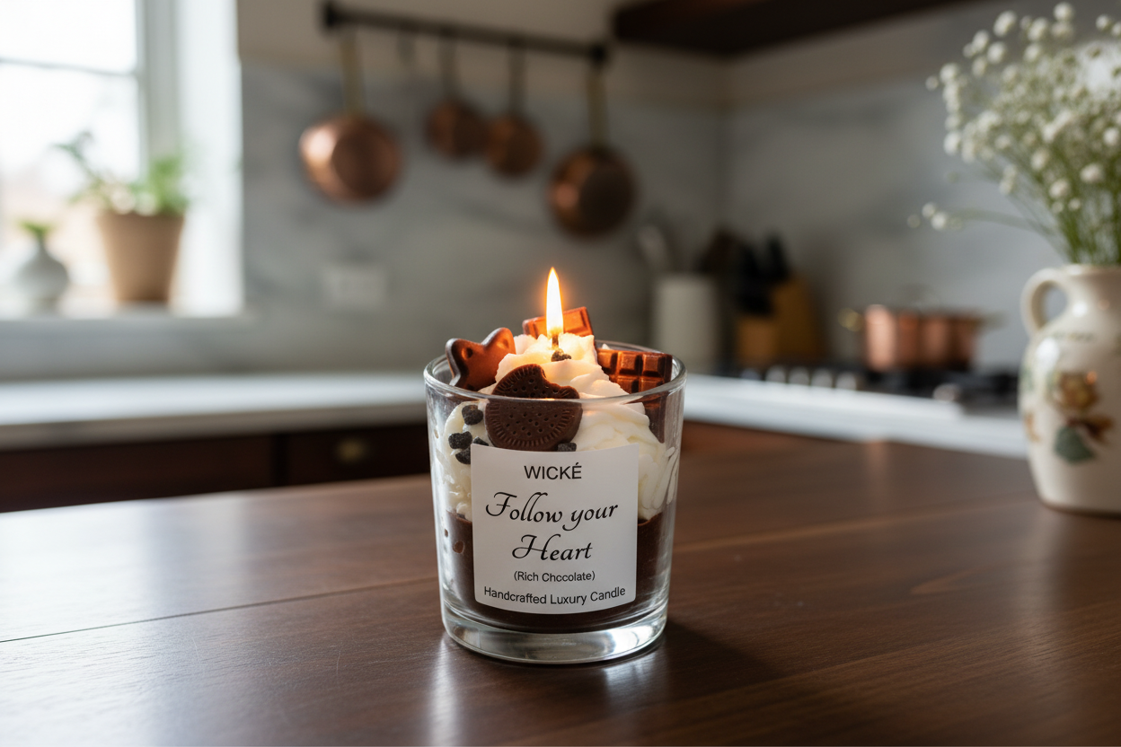 Wické 'Follow your Heart' candle with chocolate-themed design on a white background