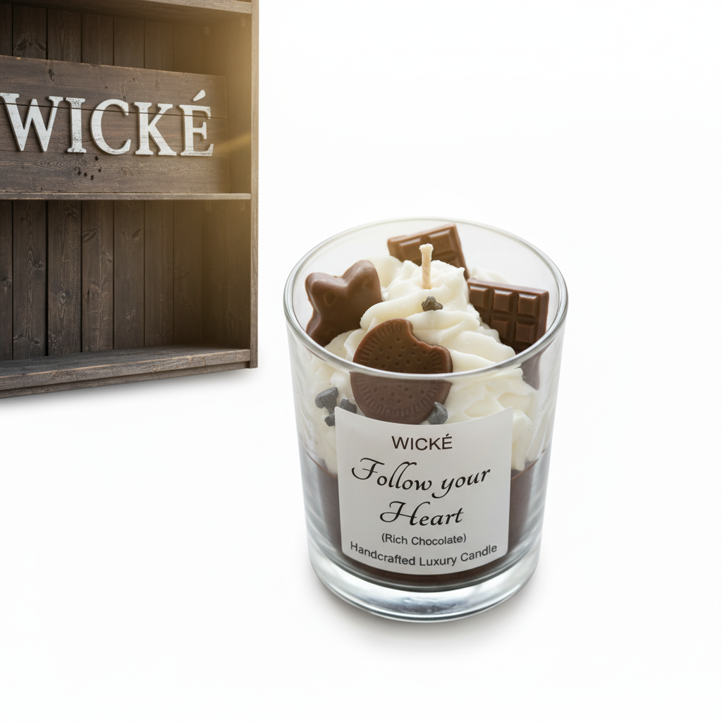 Wické 'Follow your Heart' candle with chocolate-themed design on a white background