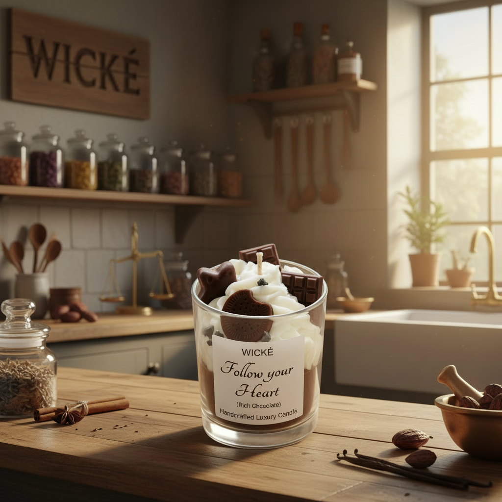 Wické Follow Your Heart handcrafted luxury candle with wax chocolate bar, stars, and chocolate cookie.