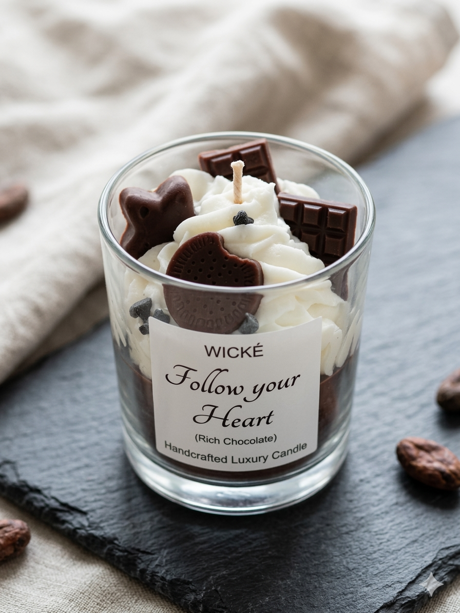 Wické candle with chocolate pieces and a label on a dark surface