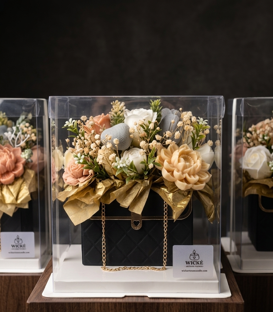 The 'Golden Hour' luxury warm terracotta and cream quilted floral purse candle bouquet by Wické Artisan Candle, beautifully presented inside its clear premium acrylic display gift box with a white satin ribbon bow