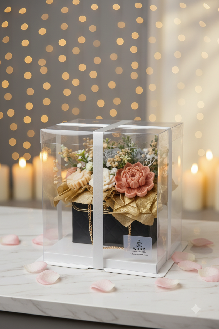 The 'Golden Hour' luxury warm terracotta and cream quilted floral purse candle bouquet by Wické Artisan Candle, beautifully presented inside its clear premium acrylic display gift box with a white satin ribbon bow.