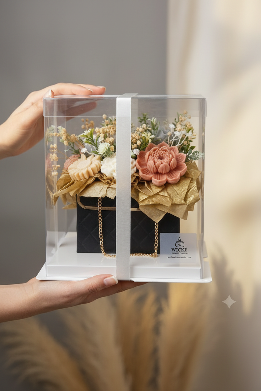 The 'Golden Hour' luxury warm terracotta and cream quilted floral purse candle bouquet by Wické Artisan Candle, beautifully presented inside its clear premium acrylic display gift box with a white satin ribbon bow.
