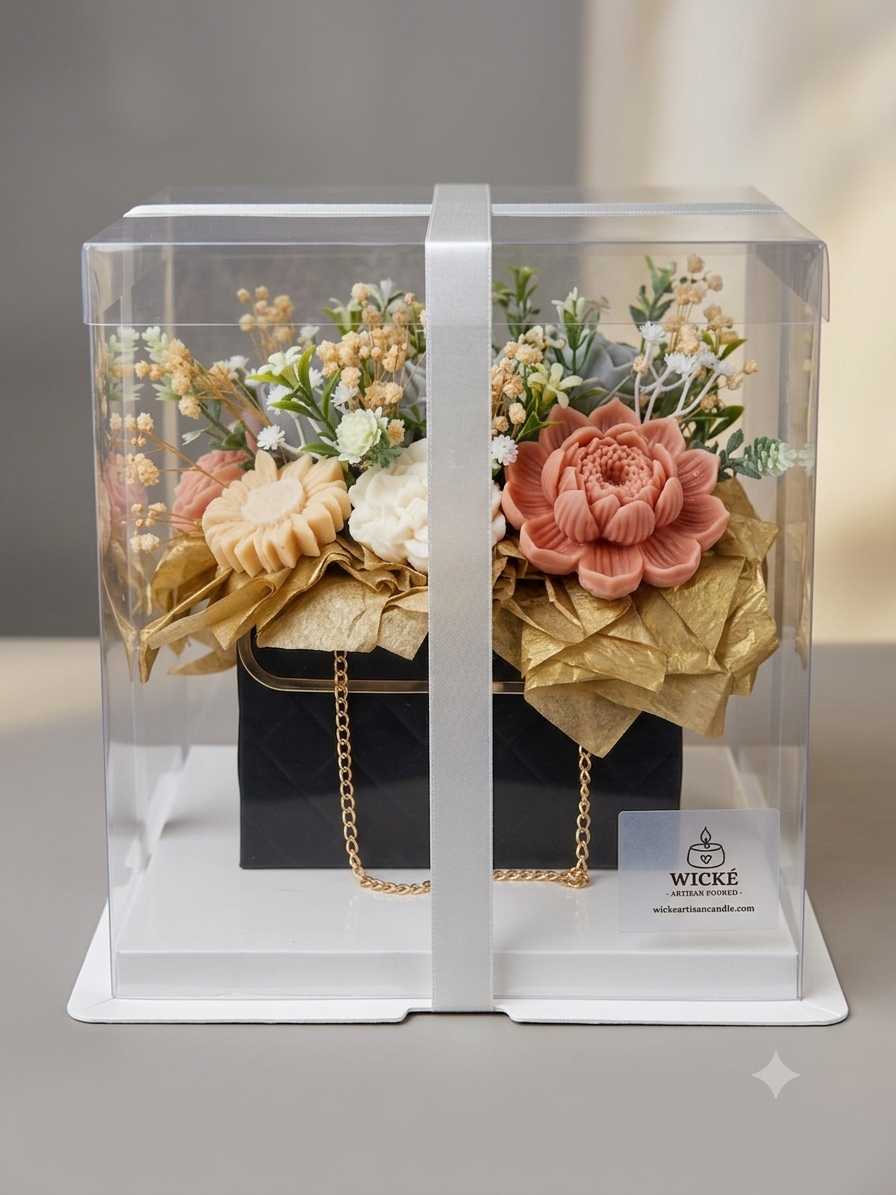 he 'Golden Hour' luxury warm terracotta and cream quilted floral purse candle bouquet by Wické Artisan Candle, beautifully presented inside its clear premium acrylic display gift box with a white satin ribbon bow