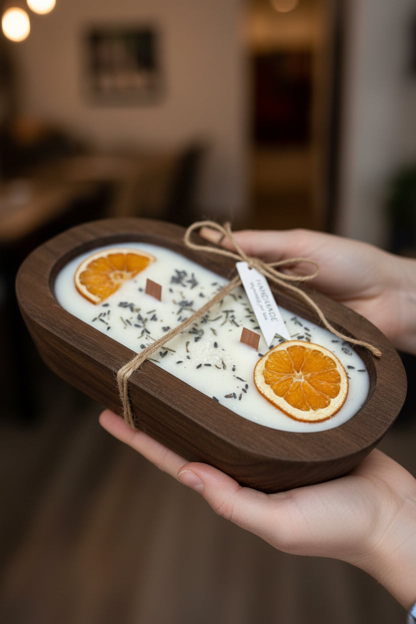 Three wooden tray candles with white wax, dried orange slices, and small sprigs of lavender, tied with twine and labeled, displayed on a white surface.