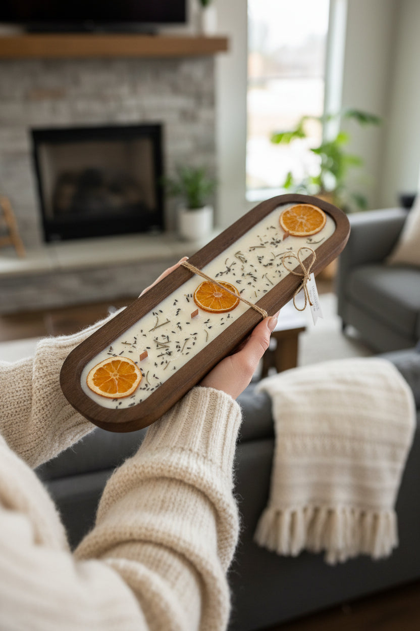 Three wooden tray candles with white wax, dried orange slices, and small sprigs of lavender, tied with twine and labeled, displayed on a white surface.