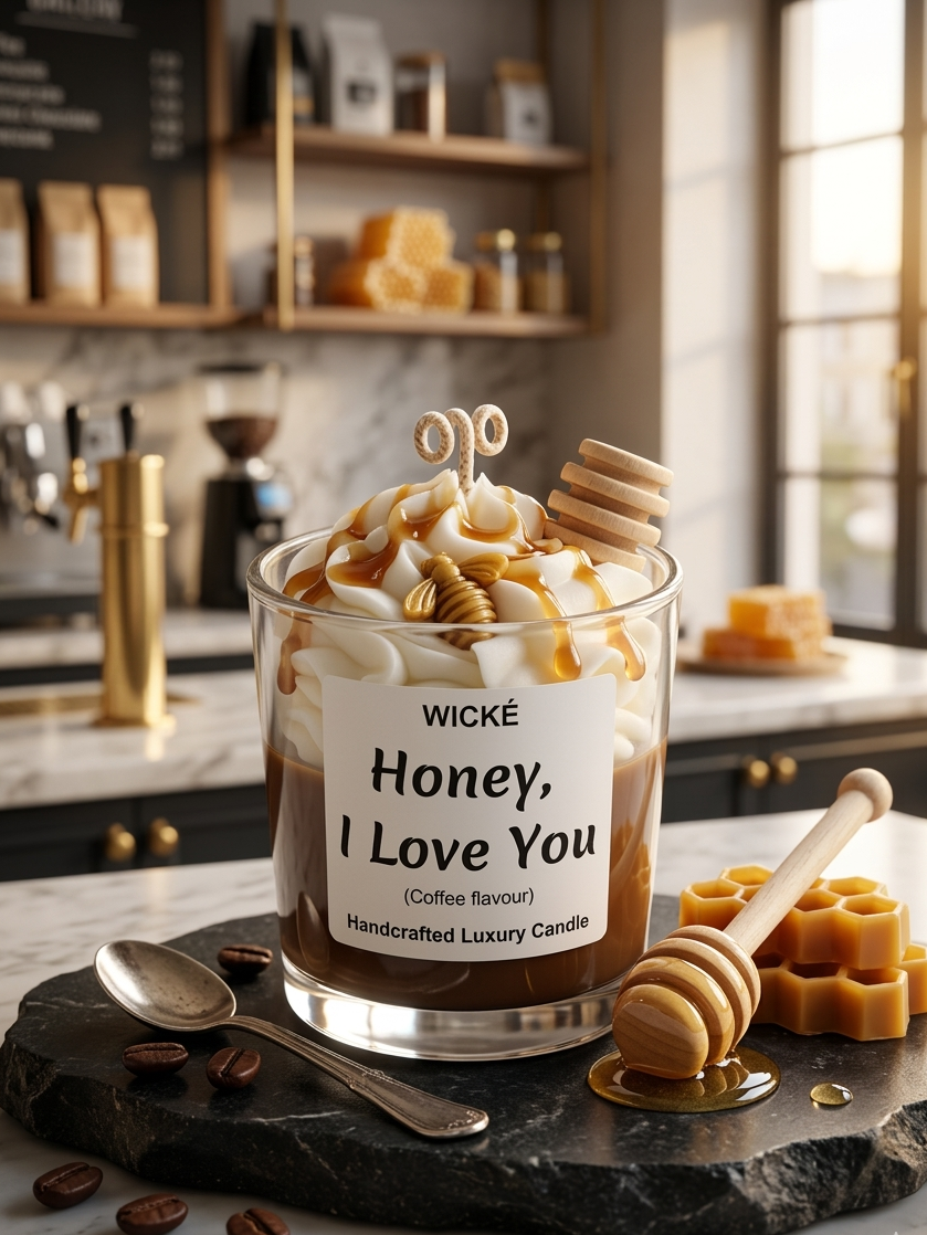 Candle labeled 'Honey, I Love You' in a kitchen setting with honeycomb and honey dipper.