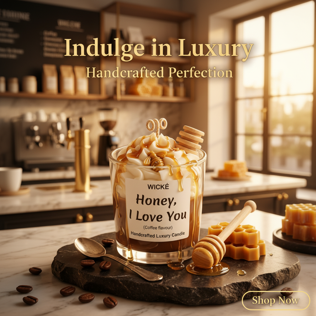 Wické Honey I Love You coffee flavored handcrafted luxury candle with wax honey dipper and bee.
