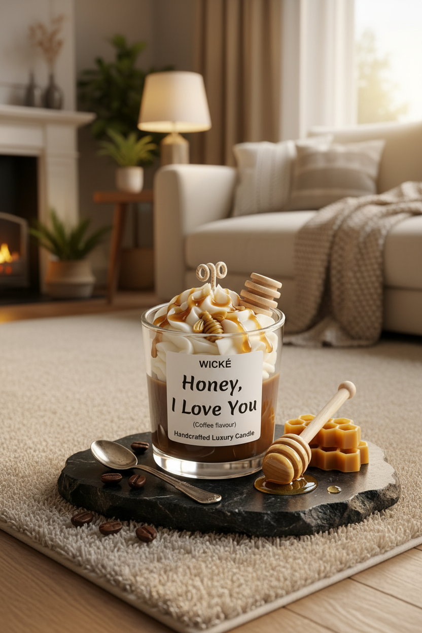 Wické Honey I Love You coffee flavored handcrafted luxury candle with wax honey dipper and bee.