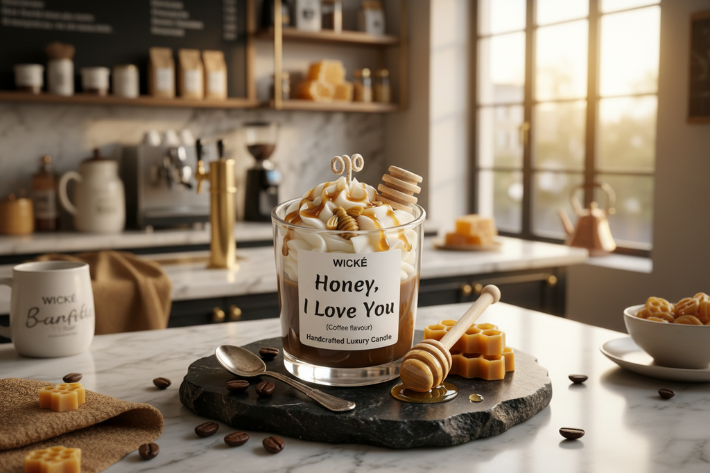 Wické Honey I Love You coffee flavored handcrafted luxury candle with wax honey dipper and bee.