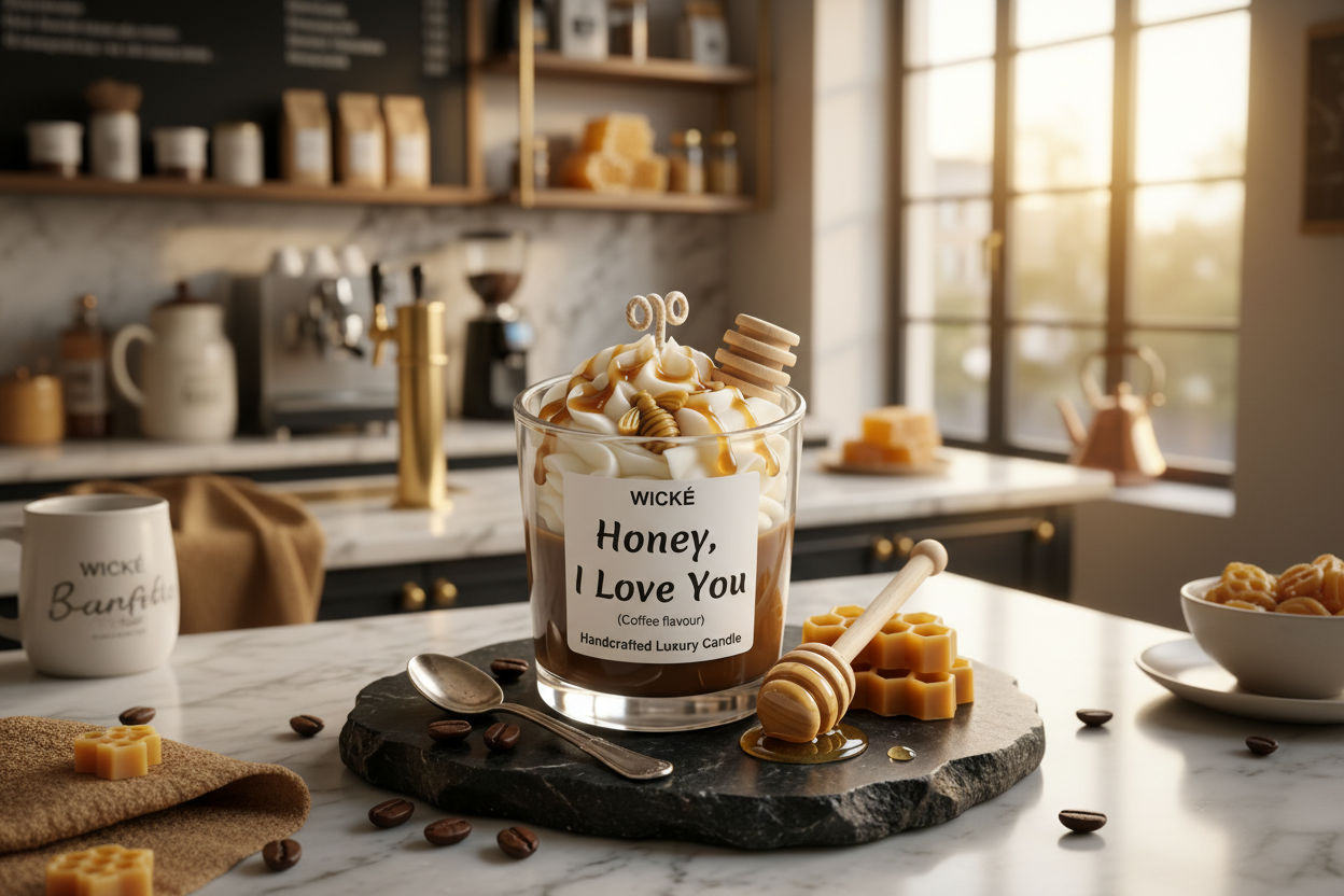 Wické Honey I Love You coffee flavored handcrafted luxury candle with wax honey dipper and bee.