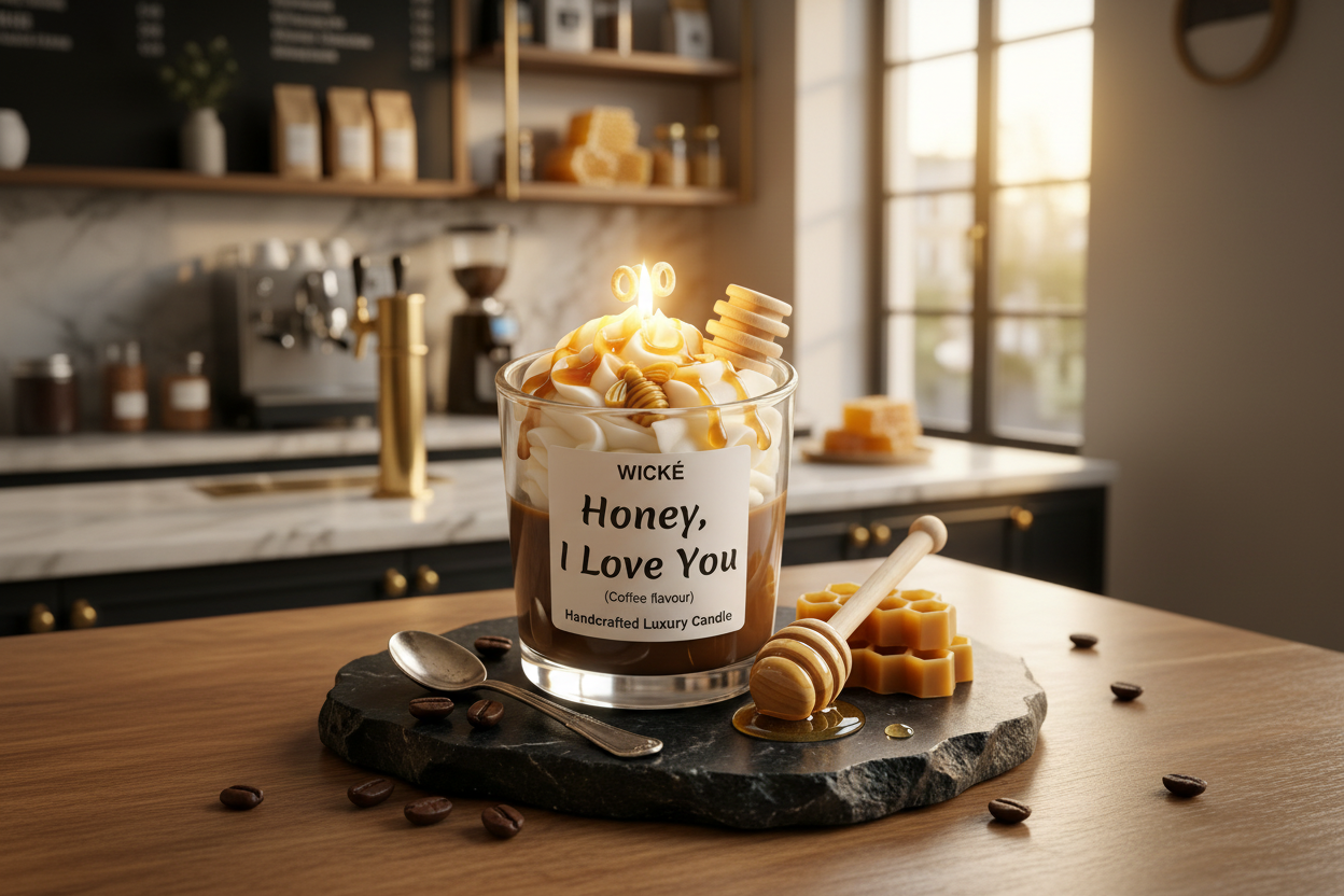 Wické Honey I Love You coffee flavored handcrafted luxury candle with wax honey dipper and bee.