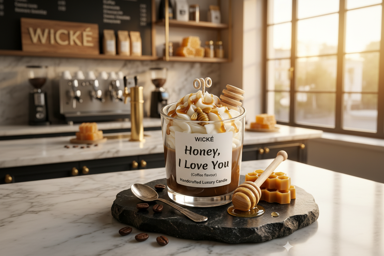 Wické Honey I Love You coffee flavored handcrafted luxury candle with wax honey dipper and bee.