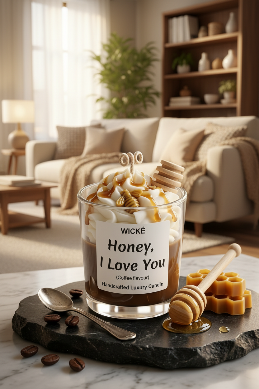 Wické Honey I Love You coffee flavored handcrafted luxury candle with wax honey dipper and bee.