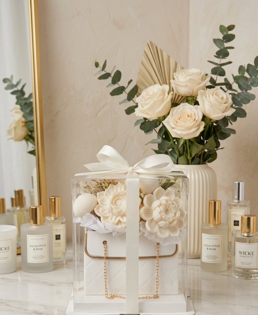 White flowers in a clear box with gold accents, surrounded by Wicke perfume bottles on a reflective surface.