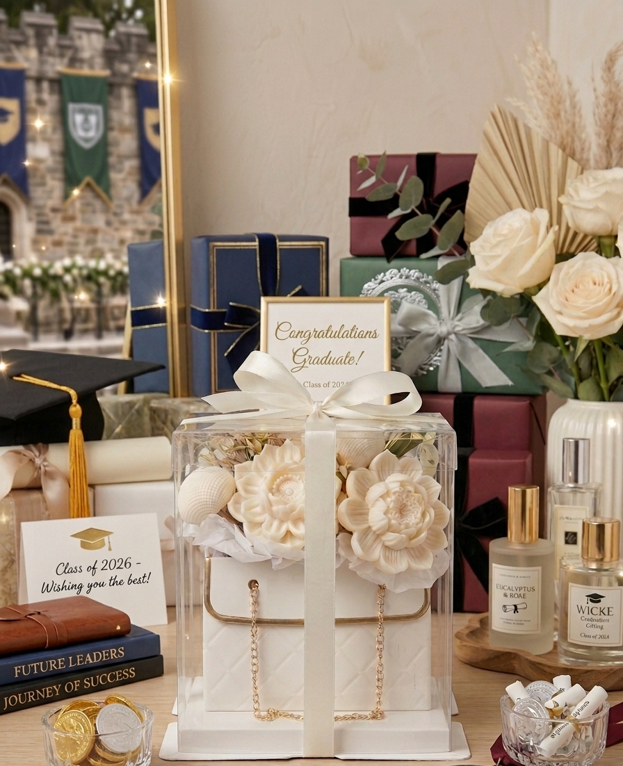 Graduation-themed cake with flowers and decorative elements in a celebratory setting.
