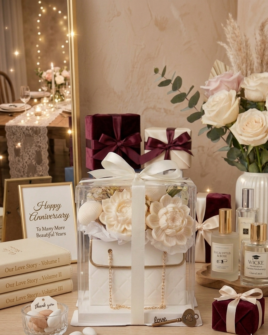 Gifts and decorative items on a table with a warm ambiance