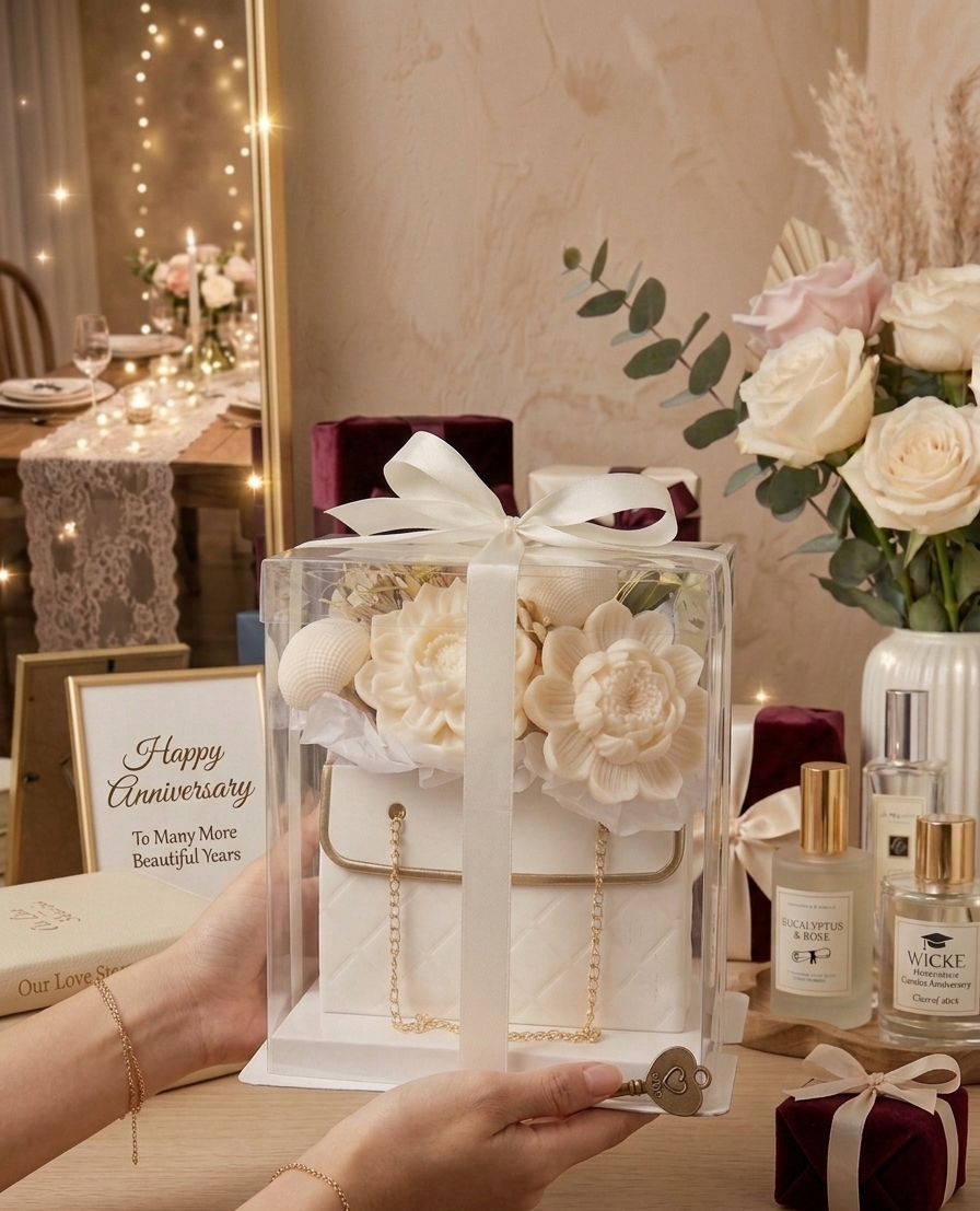 Gift set with flowers and a handbag in a clear box, held by a person in a decorated room.