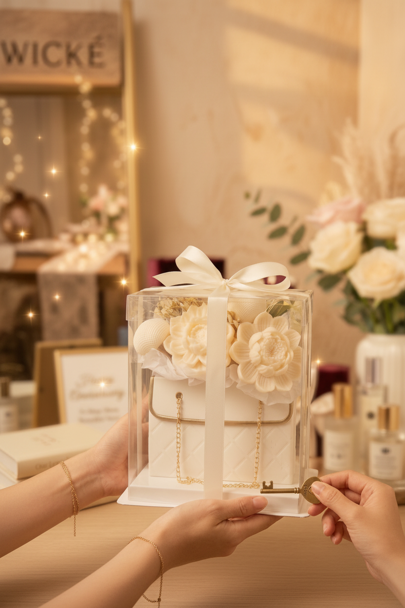Gift box with a small handbag and flowers held by hands against a blurred background