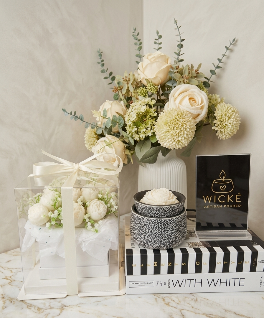 Decorative setup with flowers, candles, and books on a marble surface.