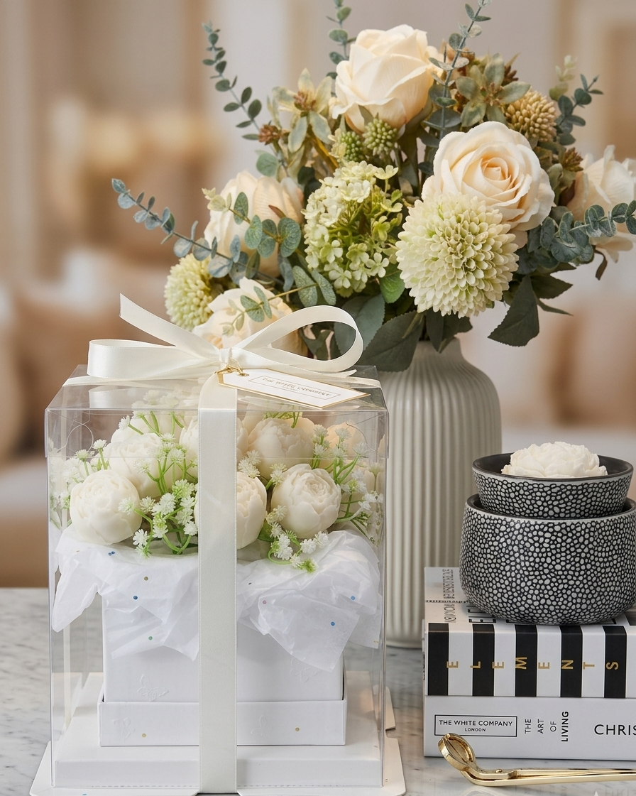 Decorative arrangement with flowers in a clear box, vase, and bowls on a table.