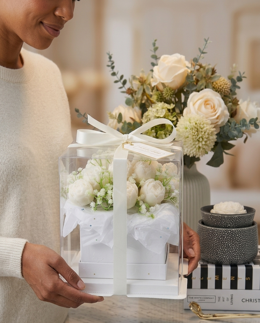 Person holding a transparent box with white flowers, surrounded by a floral arrangement and decorative items.