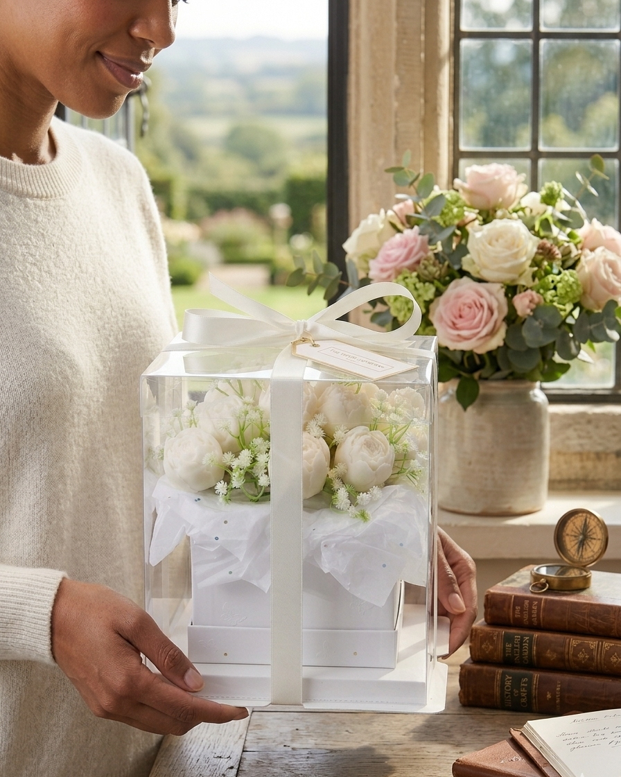 Person holding a transparent box with flowers, next to a vase of pink and white flowers on a windowsill.